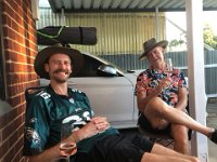 After two nights at Jon's, the duo were back in Adelaide. They dropped in on Olivia and Cam for a glass of something before they went camping.