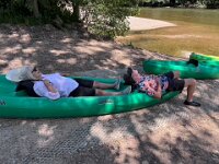 The trio had dinner at the riverside cafe (guinguette) in Cazal where the kayaking ended. A quick digestive rest was required before the kayaking team collected them.